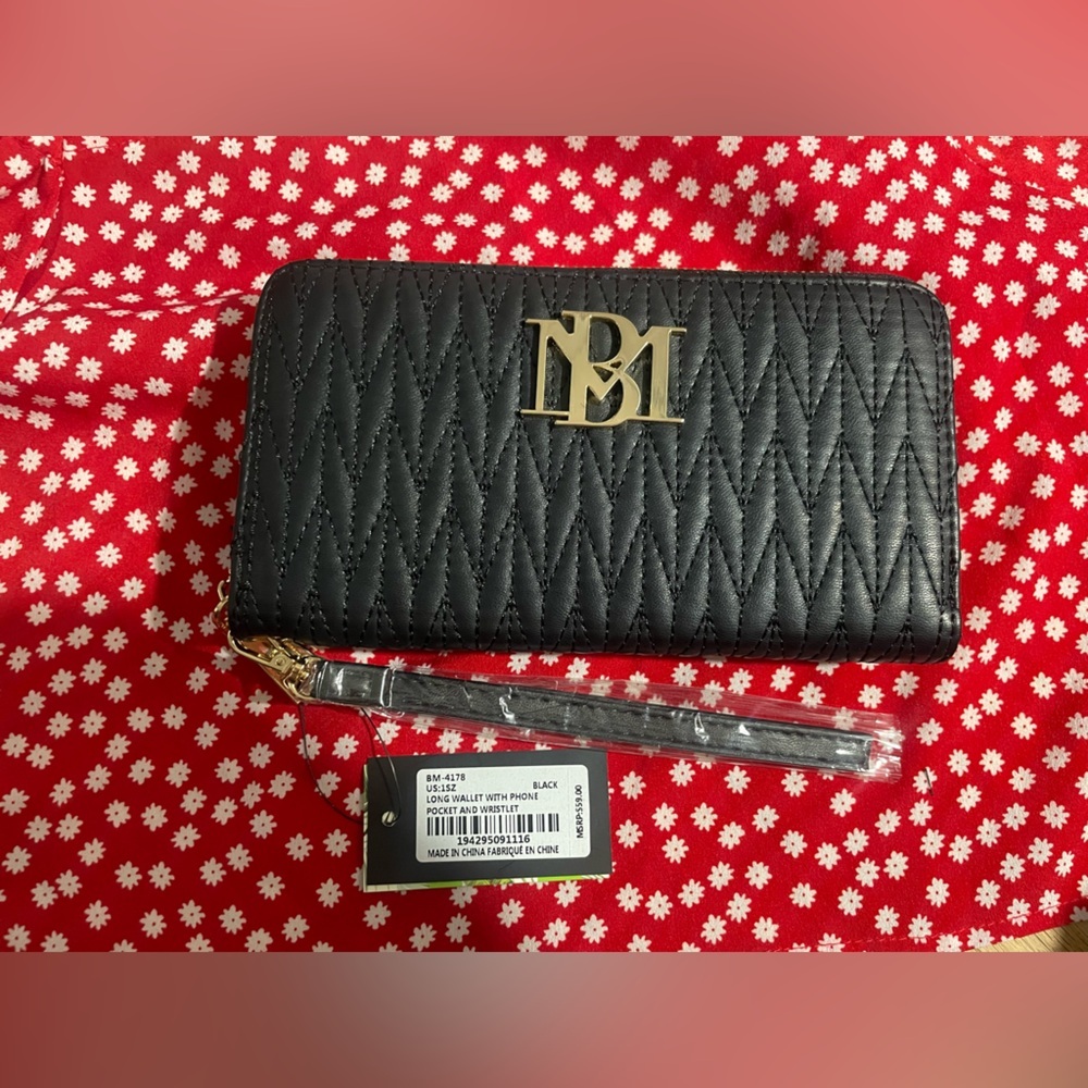 Badgley Mischka Braid Quilting Long Wallet Clutch Bag Metallic Black